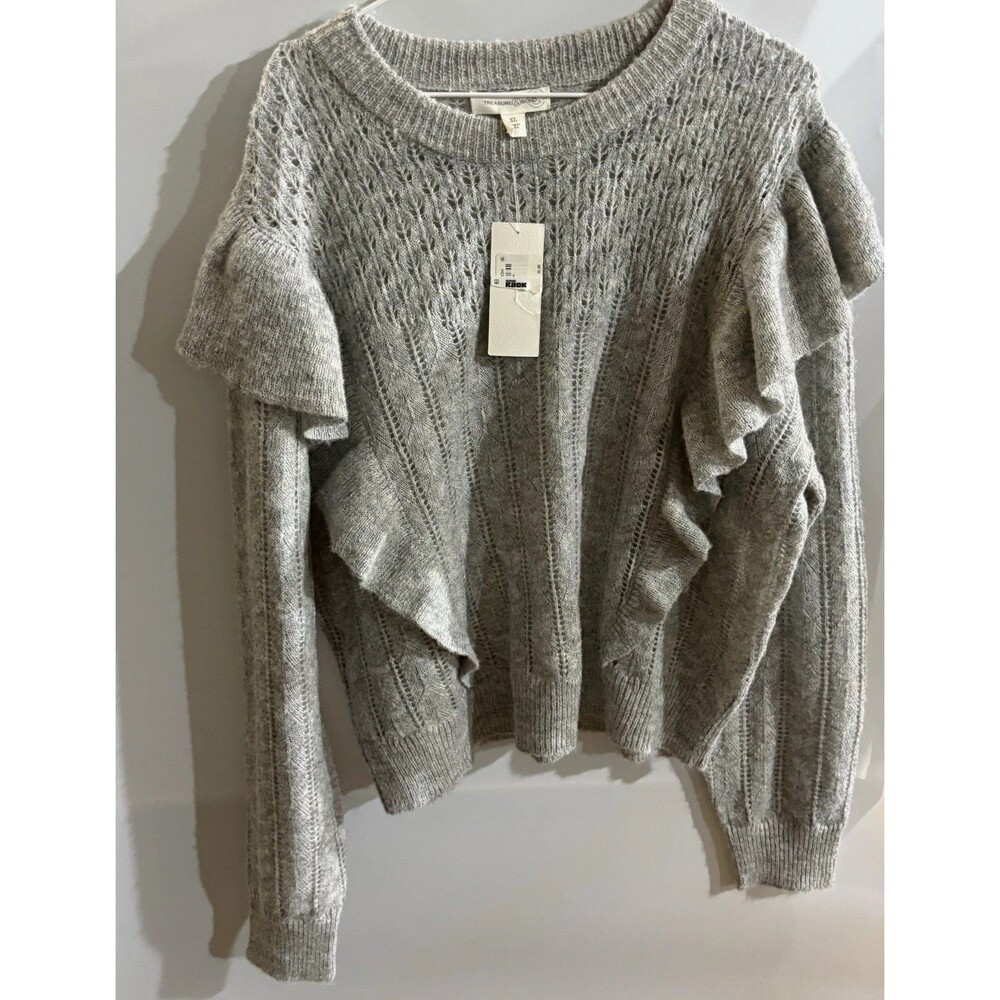 Treasure & Bond Womens XL Gray Solid Knit Ruffle Crew Neck Pullover Sweater